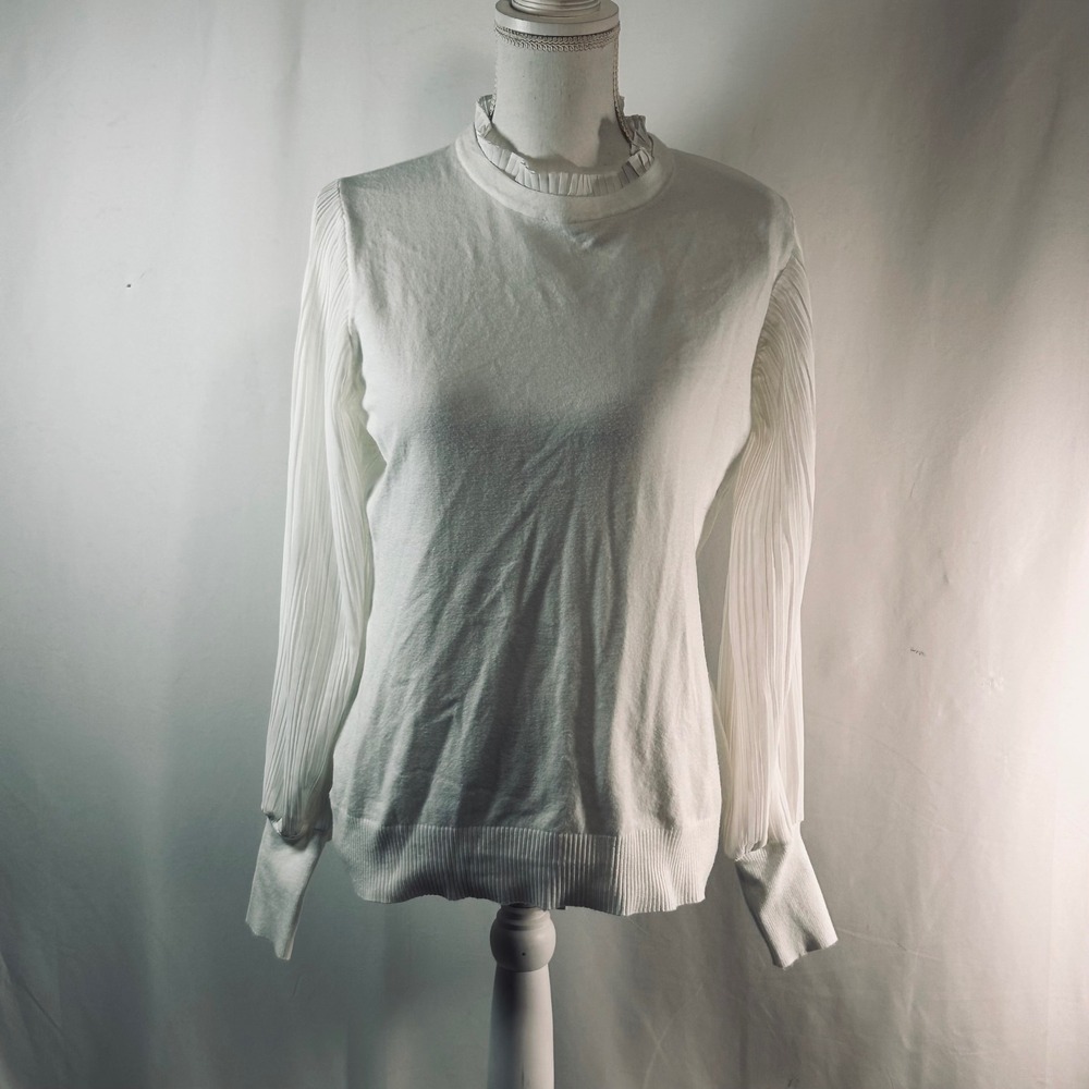 Sioni Womens White Pleated Chiffon Sleeve Ruffle Neck Sweater Top Size M Keyhole